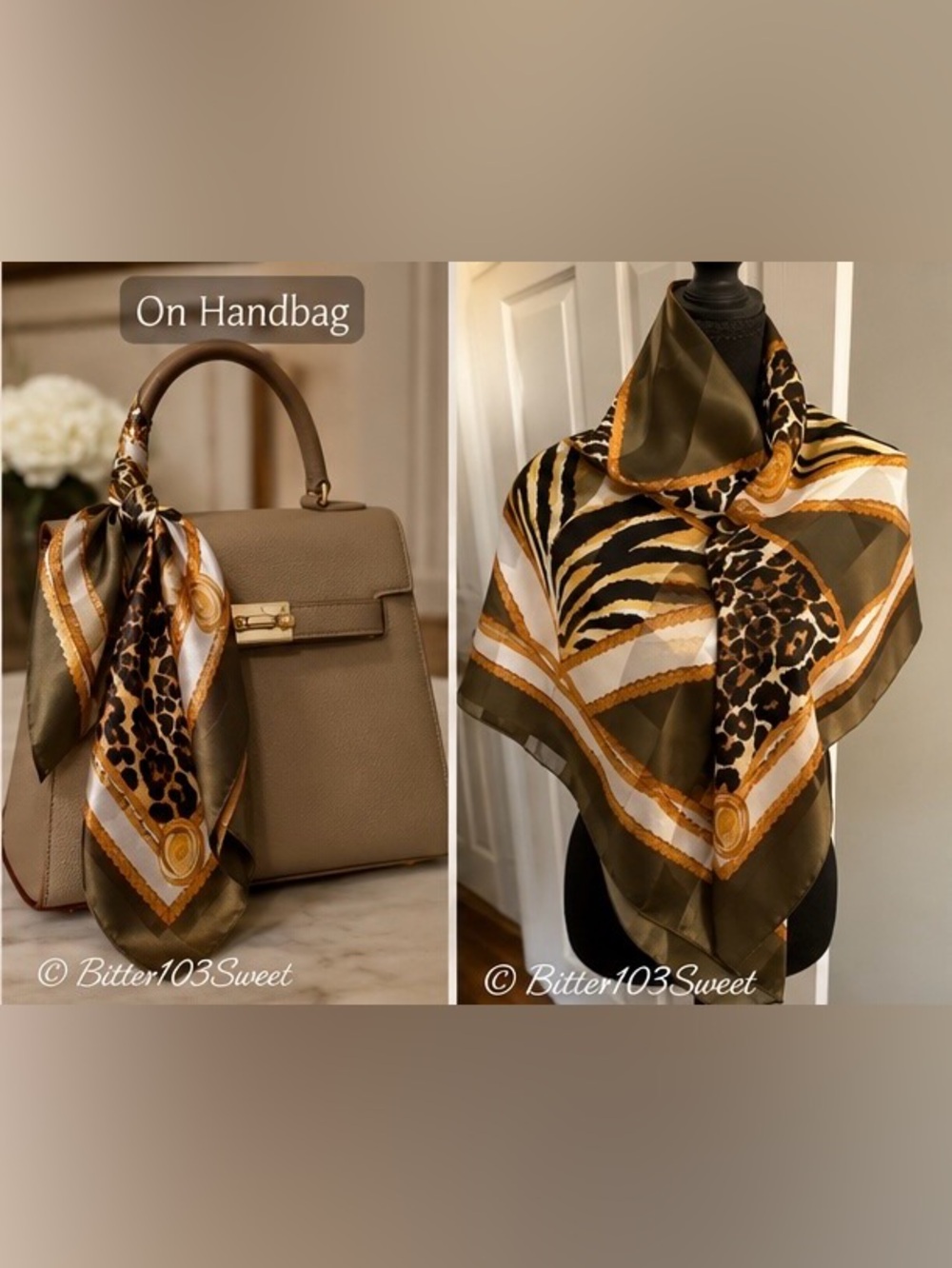Bundle of 2 Elegant Silk Fashion Scarves | Animal Print & Baroque Chain Print - Picture 2 of 9